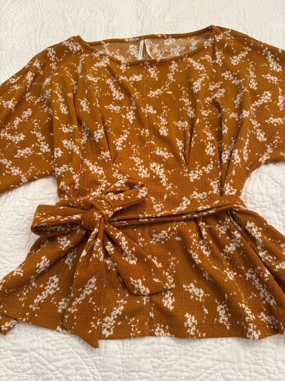 Anthropologie Camel and White Floral Tie-Waist Blouse, Size S